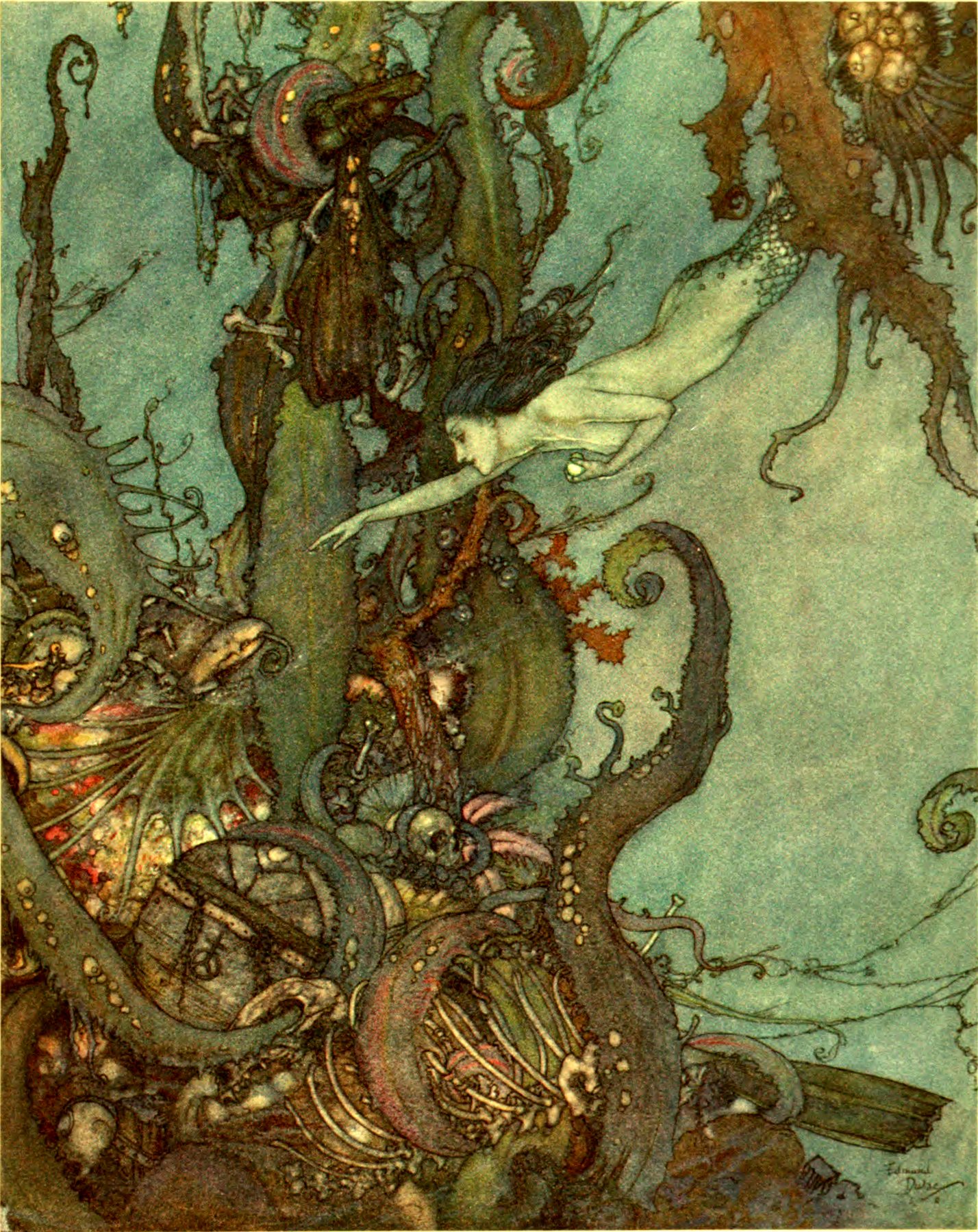 The little mermaid among coral, illustration by Edmund Dulac, 1911