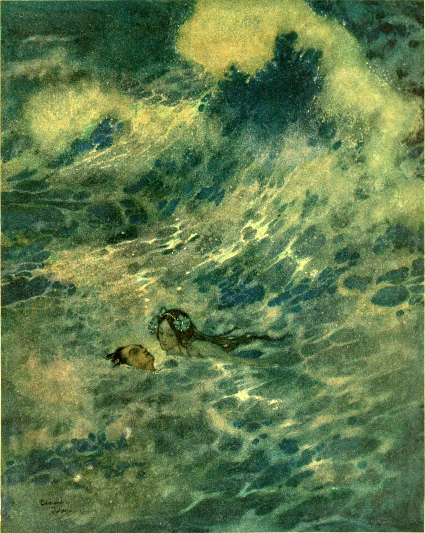 The little mermaid in a storm, illustration by Edmund Dulac, 1911